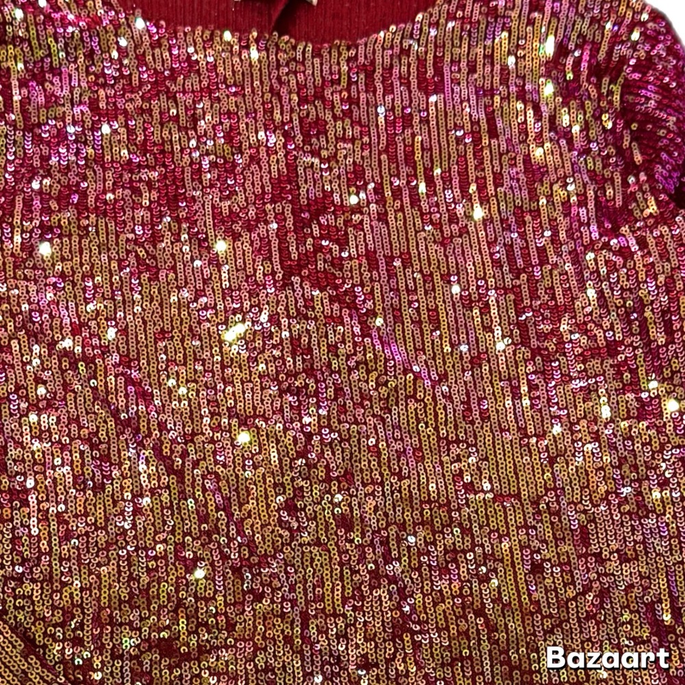 Free People Gold Rush Wine Long Sleeve Sequin Sparkle Top Blouse Shirt Medium - Picture 5 of 8